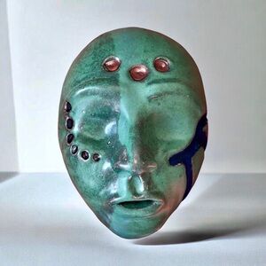 Vintage Studio Art Pottery Primitive Green Glazed Mask Wall Hanging Folk Art